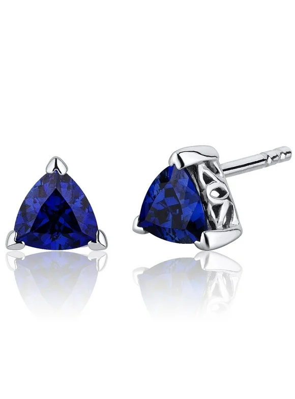 2.00 Ct Trillion Cut Blue Sapphire Sterling Silver Stud Earrings Rhodium Finish