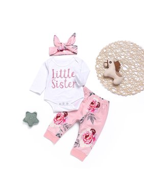 Baby Girl's LITTLE SISTER Print Bodysuit, Floral Pants and Headband Set