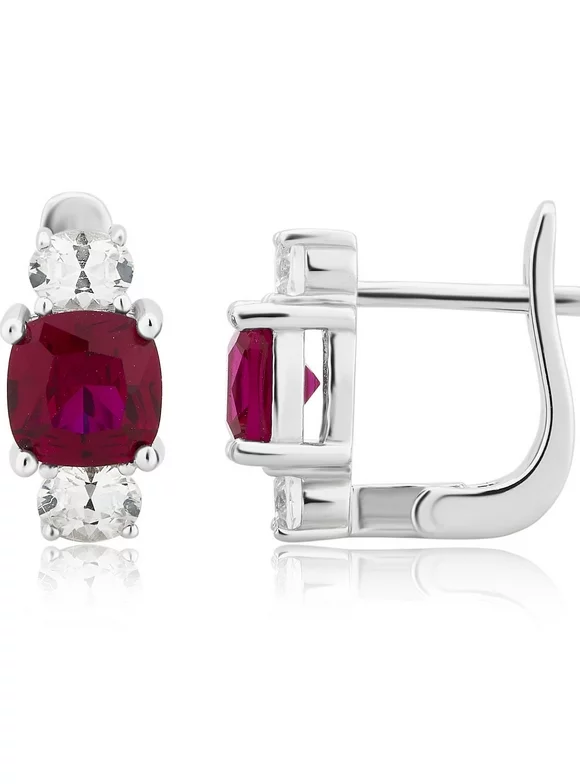 White Gold Finish Created Ruby Simulated Diamond Earrings 10MM
