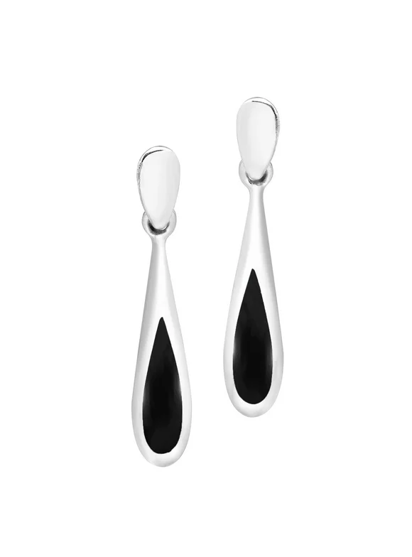 AeraVida Elegantly Long Sterling Silver Teardrop w/ Inlaid Black Onyx Dangle Earrings | Luxurious Dangle Earrings for Evening | Prom Accessories for Women | Black Onyx Earrings
