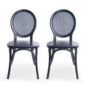 Ruhan Elm Wood and Rattan Dining Chair (Set of 2), Matte Black