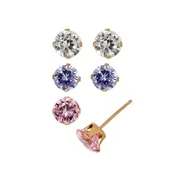 Multi-Color CZ 10kt Yellow Gold Stud Earring Set, 3 Pairs