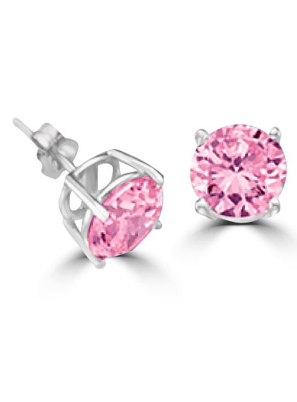 Prong Set Stud Earrings with Simulated Round Cut Pink Diamond by Diamond Essence set in Sterling Silver