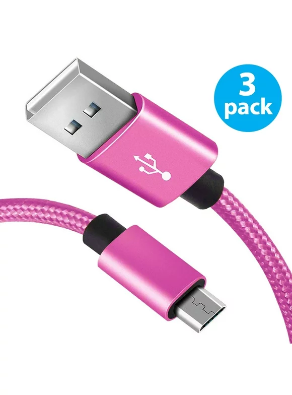 Micro USB Cable, 3FT Nylon Braided High-Speed Micro USB Charging and Sync Cables Android Charger Cord Compatible with Samsung Galaxy S7/S6/S5/S4, Note 5/4/3, LG, Tablet (3-PACK) (Hot Pink)