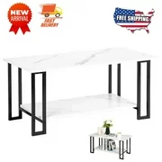 New Arrival Coffee Table| Two Layers 1.5cm Thick MDF Imitation Marble White Waterproof Square Tabletop, Black Double Line Legs Iron