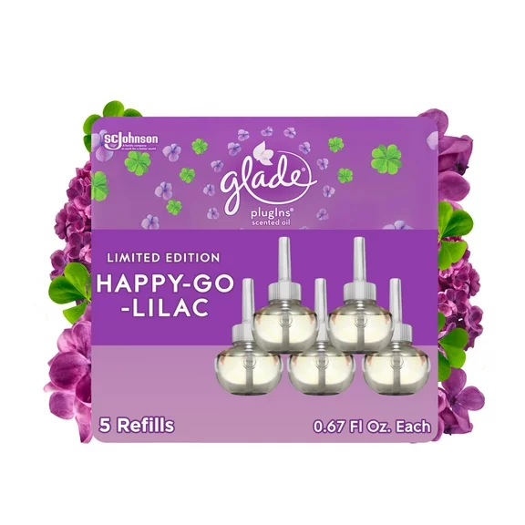 Glade PlugIns Scented Oil Refill, Happy-Go-Lilac Scent, Infused with Essential Oils, Spring Limited Edition Fragrance, Positive Vibes Collection, 0.67 oz, 5 Count