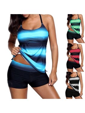 Women's Fashion Two Pieces Bathing Suit Criss Cross Back Color Block Print Tankini Top with Boyshorts Swimsuit