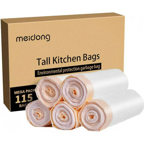 Meidong Garbage Bag 13 Gallon Large Kitchen Drawstring Strong Bag, 5 Rolls/115 Pcs, White