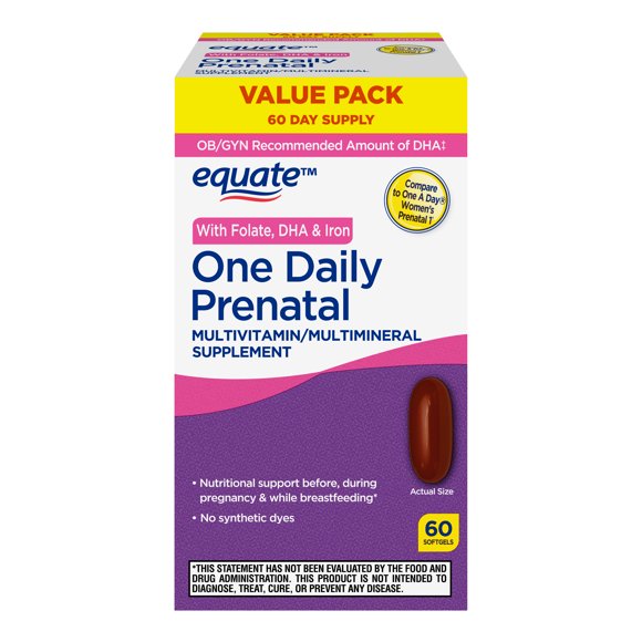 Equate One Daily Prenatal Softgels Multivitamin/Multimineral Supplement Value Pack, 60 Count