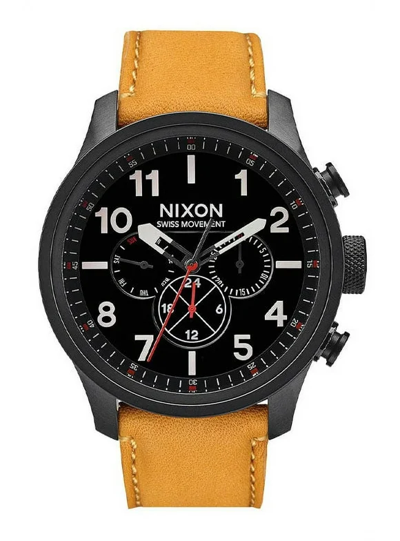 Nixon Men's Safari Duel Time Leather Watch - All Black/Golden Rod