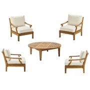 WholesaleTeak Outdoor Patio Grade-A Teak Wood 5 Piece Teak Sofa Set - 4 Lounge Chairs & 1 Round Coffee Table -Furniture only --Sack Collection #WMSSSK4