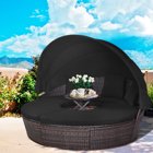 Gymax Cushioned Patio Rattan Round Daybed w/ Adjustable Table 3 Pillows Black
