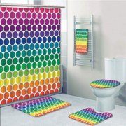 PRTAU Polka Dots of Rainbow Colored Dots Big Circles Spots Kids Nursery 5 Piece Bathroom Set Shower Curtain Bath Towel Bath Rug Contour Mat and Toilet Lid Cover