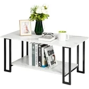 New Arrival Modern Style 2 Layers MDF Imitation Marble Rectangle Tabletop Black Iron Coffee Table, Square Tabletop