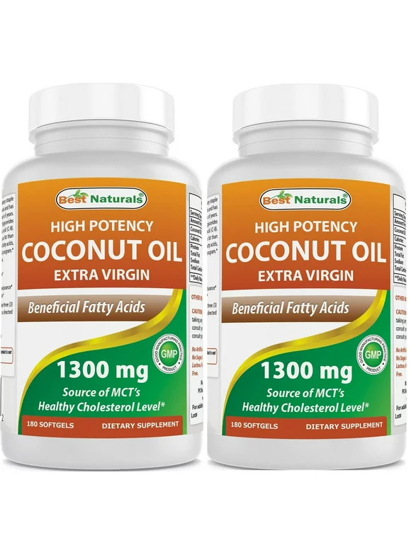 2 Pack Best Naturals Coconut Oil 1300 mg 180 Softgels | Organic High Potency Extra Virgin