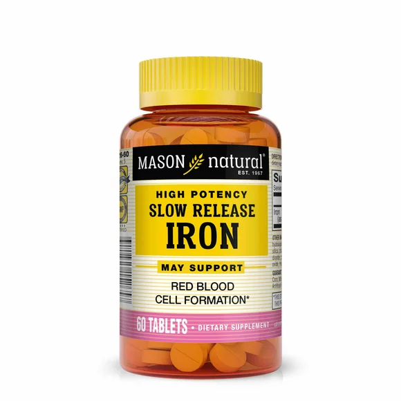 Mason Natural Slow Release Iron (Ferrous Sulfate) - Supports Red Blood Cell Formation, Gentle on Stomach, High Potency Iron Supplement, 60 Tablets