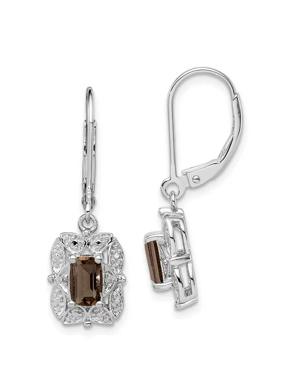 Solid 925 Sterling Silver Diamond and Chocolate Brown Smoky Quartz Earrings - 30mm x 9mm (.01 cttw.)