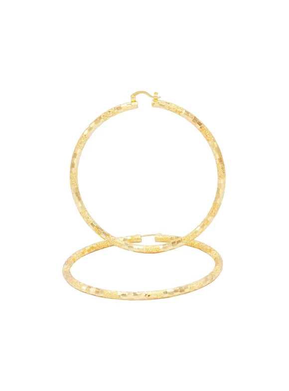 BEBERLINI Box Textured Cut Hoop Earrings 40 mm 14K Gold Plated Large 4 mm Thick Hip Hop Fashion Ear Jewelry for Adult Female Teen Girls