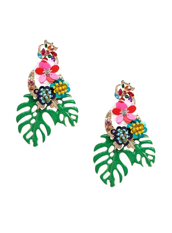 Jewelry Collection Women's Monstera Leaf Tropical Statement Drop Earrings, Green Multi