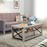 Jaxpety Metal X Frame Coffee Table Wood Rectangle Coffee Table in Gray Wash with Black Painted Hardware