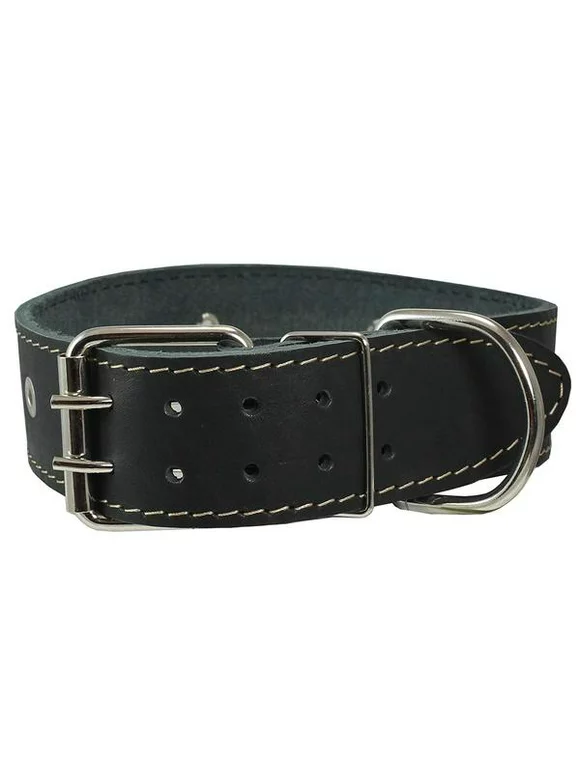 Black Genuine Leather Studded Dog Collar, 1.75" Wide. Fits 18.5"-22" Neck. For Large Breeds Boxer, Bulldog, Pitbull.