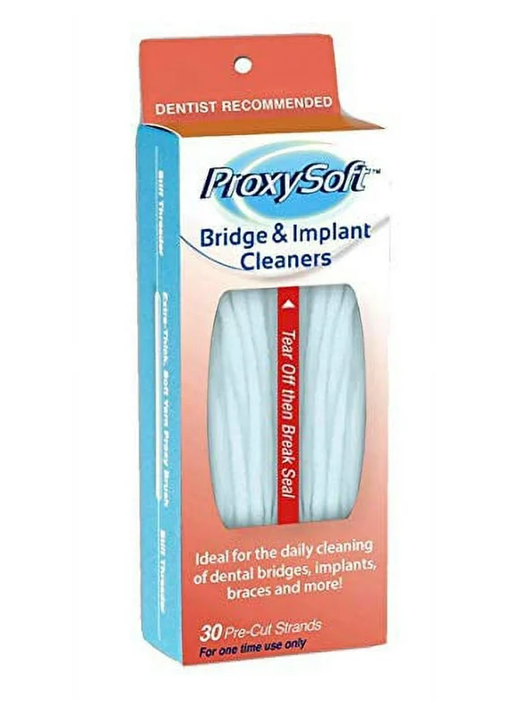 Dental Floss for Bridges and Dental Implants for Optimal Oral Hygiene - Floss Threaders for Bridges and Implants with Extra-Thick Proxy Brush - Bridge and Implant Cleaners (30 Strands) by ProxySoft