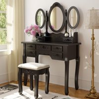 Ktaxon Vanity Table Make Up Table Set w/Stool 7 Drawer & 3 Mirrors Fold Black