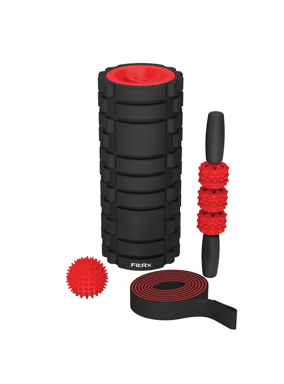 FitRx Recovery Fitness Set, Textured Foam Roller, Massage Stick, Massage Ball, and Stretch Strap