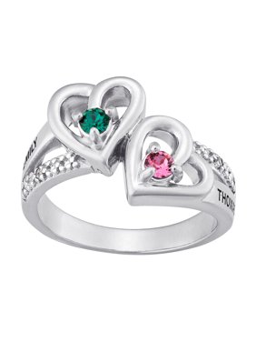 Personalized Sterling Silver Couples Heart Birthstone & Name Diamond Accent Ring