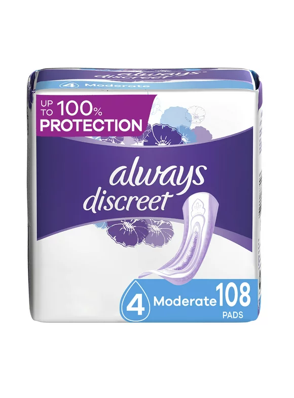 Always Discreet Incontinence Pads, Moderate Absorbency, Regular Length, 108 CT