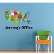 USA Map Colored Landmarks Cartoon Customized Wall Decal - Custom Vinyl Wall Art - Personalized Name - Baby Girls Boys Kids Bedroom Wall Decal Room Decor Wall Stickers Decoration Size (30x30 inch)