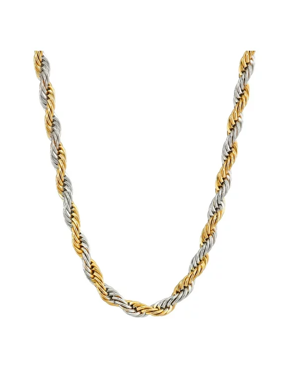 Thin Rope Chain Necklace for Men in Stainless Steel with Gold Ion Plating on 24 Inches Long 11 MM Wide with Lobster Claw Clasp by Metro Jewelry