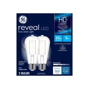 GE Reveal HD+ ST19 Edison 5-Watt LED Light Bulb (60W Equivalent), Dimmable with Clear Finish and Straight Filament, Medium Base, 2-Pack