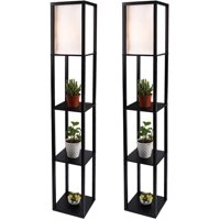 ELECWISH 63 inch Set of 2 Shelf Floor Lamp with Linen Shade, Wooden Frame Modern Standing Lamp with 3 Shelves Organizer Decor for Home