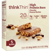 thinkThin High Protein Bar, Chunky Peanut Butter, 20g Protein, 5 Ct