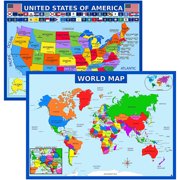 World Map Poster and USA Map with Extra Features - Laminated Educational Poster (14x19.5 in) Maps for Kids, Classroom Decorations, Preschool and Elementary Learning, Teacher Supplies