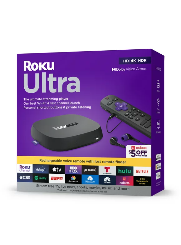 Roku Ultra 4K/HDR/Dolby Vision Streaming Device and Roku Voice Remote Pro with Rechargeable Battery