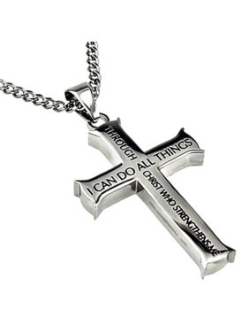 Philippians 4:13 Jewelry Cross Necklace STRENGTH Bible Verse Stainless Steel 24 inch Curb Chain