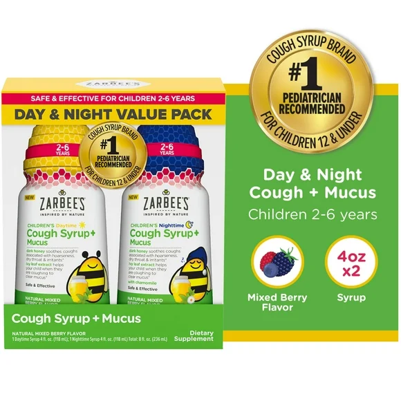 Zarbees Kids Cough + Mucus Day/Night with Honey, Ivy Leaf, Zinc & Elderberry, Mixed Berry, 2x4FL Oz