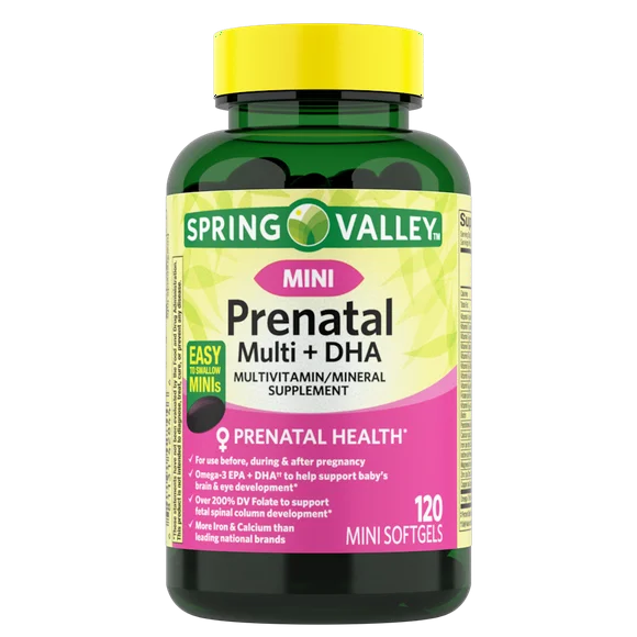 Spring Valley Mini Prenatal Multi + DHA Complete Multivitamin/Multimineral Supplement Mini Softgels, 120 Count