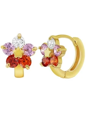 18k Gold Plated Multi Color Crystal Huggie Flower Hoop Earrings 0.35"