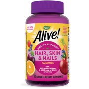 Natures Way Alive! Hair, Skin & Nails Gummies, Collagen & Biotin, Antioxidants, Strawberry Flavored, 60 Gummies