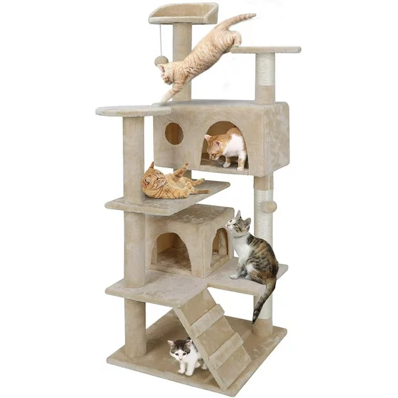 53" Multi-Level Cat Tree Stand House Furniture Kittens Activity Tower with Scratching Posts Kitty Pet Play House Beige