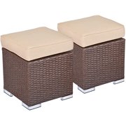2 Pieces Outdoor Patio Ottoman, All Weather Brown Wicker Ottoman Outdoor Footstool Footrest with Beige Cushion