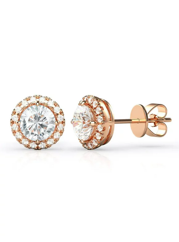 925 Rose Gold Plated Sterling Silver Round Brilliant Cut CZ Cubic Zirconia Halo Earrings