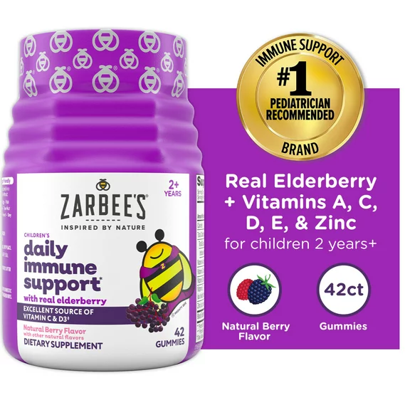 Zarbee's Kid’s Immune Support Gummies- Elderberry, Vitamins, Zinc, 42ct