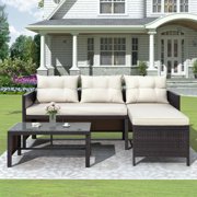 Patio Furniture Sets, 3 Piece Outdoor Conversation Set with Wicker Lounge Chaise Chair, Loveseat Sofa, Coffee Table, All-Weather Patio Sectional Sofa Set with Cushion for Backyard, Garden, Pool, L4814