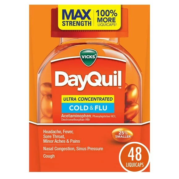 Vicks DayQuil Ultra Concentrated Liquicaps, Over-the-Counter Medicine for Cold, Cough & Flu, 48 Ct