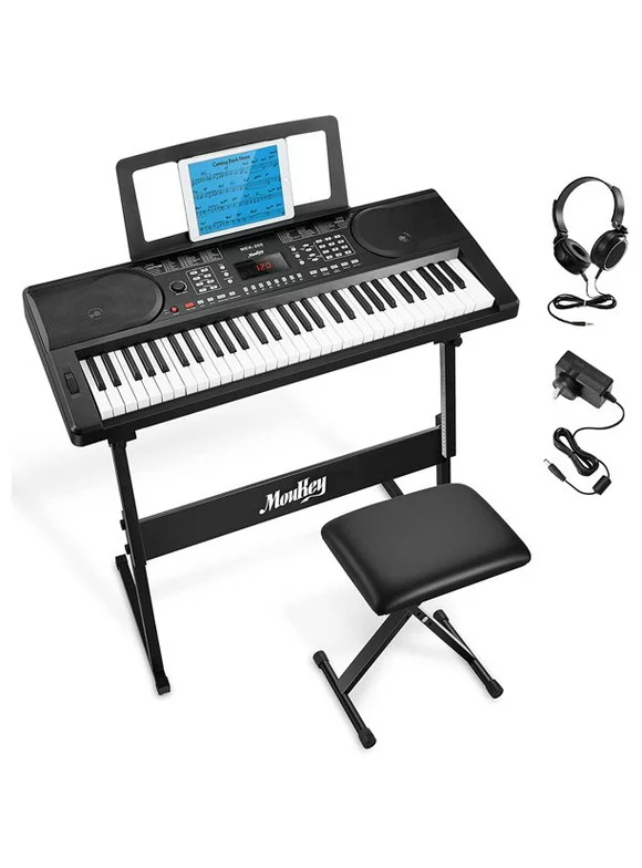 Moukey MEK-200 61 Key, Full-Size Electric Portable Keyboard Piano with Music Stand, Bench, Power Adapter and Headphones, Black