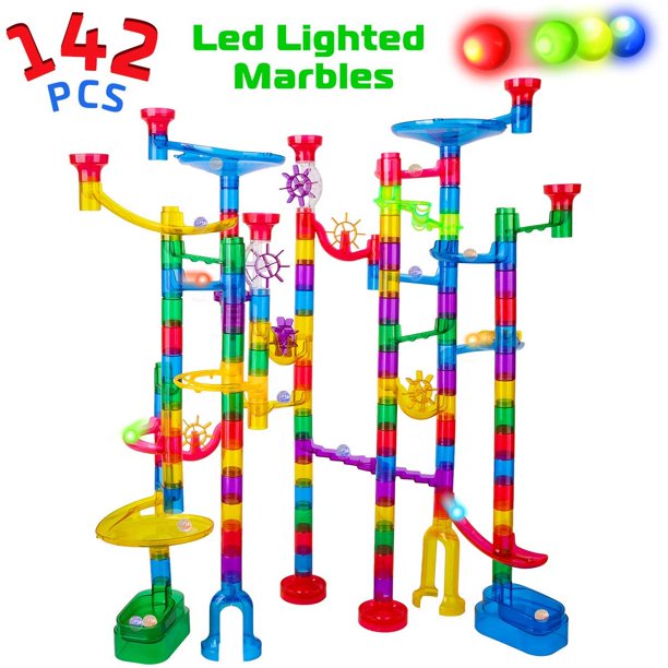 Marble Run Sets for Kids - 142 Complete Pieces Marble Tracks Marble Maze Game STEM Building Toy for 4 5 6 + Year Old Boys Girls(113 Pieces + 25 Glass Marbles + 4 Led Lighted Marbles)